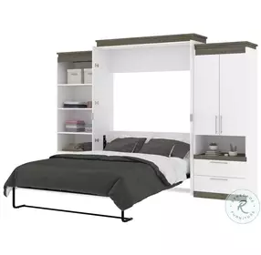 Orion White And Walnut Grey 124" Queen Murphy Bed And Multifunctional Storage With Drawers