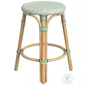 Tobias Distressed White and Green Rattan Performance Fabric 24" Round Counter Height Stool