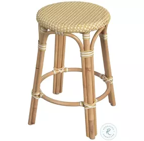 Tobias Distressed Yellow and White Rattan Performance Fabric 24" Round Counter Height Stool