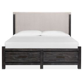 Plum Creek Ravenwood Black and Elite Dove California King Upholstered Storage Panel Bed