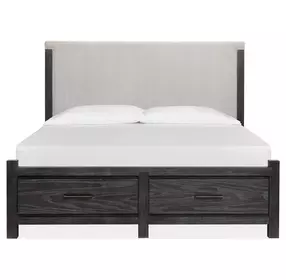 Plum Creek Ravenwood Black and Elite Dove California King Upholstered Storage Panel Bed