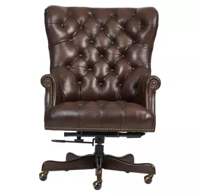 Jefferson Burnished Umber Leather Upholstered Executive Chair with Nailhead Trim and Casters