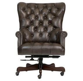 Jefferson Burnished Walnut Leather Upholstered Executive Chair with Nailhead Trim and Casters