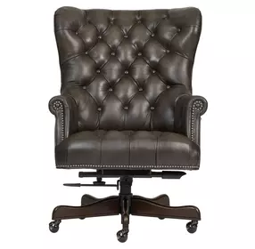Jefferson Burnished Walnut Leather Upholstered Executive Chair with Nailhead Trim and Casters