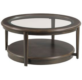 Whitaker Distressed Dark Stain Round Glass Top Cocktail Table With Casters