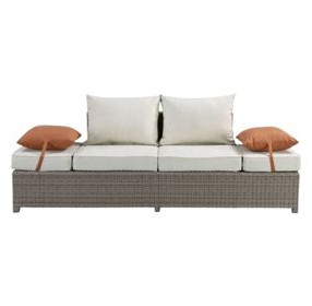 Salena Beige Fabric and Gray Wicker Patio 83" Sofa with 2 Pillows and Rectangular Ottoman