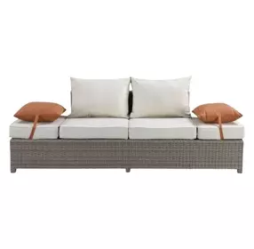 Salena Beige Fabric and Gray Wicker Patio 83" Sofa with 2 Pillows and Rectangular Ottoman