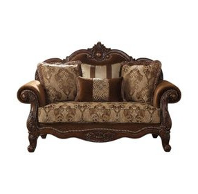 Jardena Fabric and Cherry Oak 69" Loveseat with 4 Pillows
