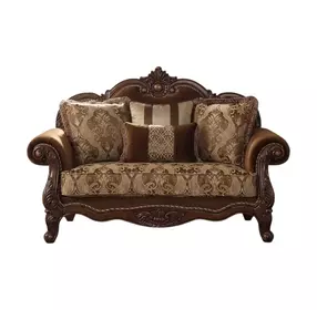 Jardena Fabric and Cherry Oak 69" Loveseat with 4 Pillows