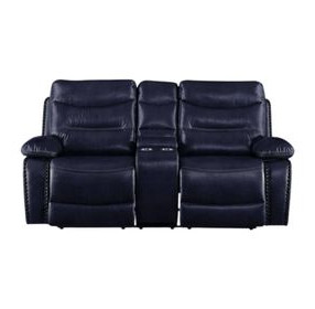 Aashi Navy Leather Reclining 78" Loveseat with Console
