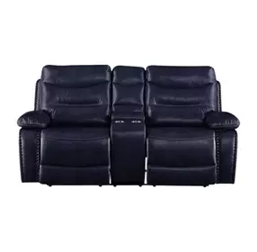 Aashi Navy Leather Reclining 78" Loveseat with Console