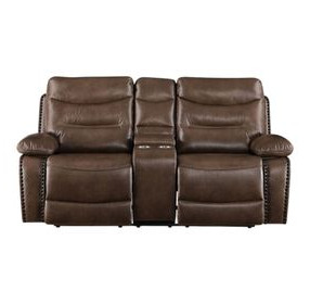 Aashi Brown Leather Reclining 78" Loveseat with Console