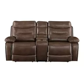 Aashi Brown Leather Reclining 78" Loveseat with Console