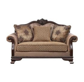 Chateau De Ville Fabric and Espresso 69" Loveseat with 3 Pillows