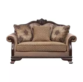 Chateau De Ville Fabric and Espresso 69" Loveseat with 3 Pillows