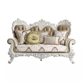 Vanaheim Beige and Gold 78" Loveseat with Pillow and Nailhead Trim
