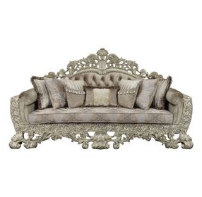 Sorina Beige and Antique Gold 99" Sofa with Pillows and Nailhead Trim