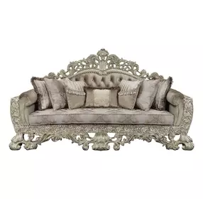 Sorina Beige and Antique Gold 99" Sofa with Pillows and Nailhead Trim