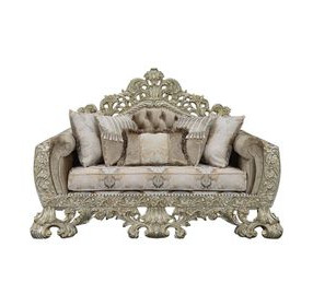 Sorina Beige and Antique Gold 77" Loveseat with Pillows and Nailhead Trim