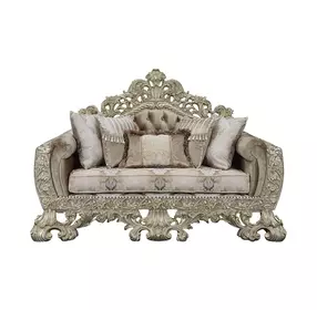 Sorina Beige and Antique Gold 77" Loveseat with Pillows and Nailhead Trim