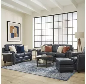 Ashton Midnight Blue Top Grain Leather Living Room Set with Nailhead Trim