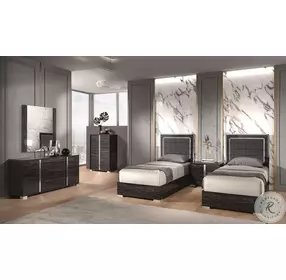 Alice Glossy Gray Youth Upholstered Platform Bedroom Set with LED Light