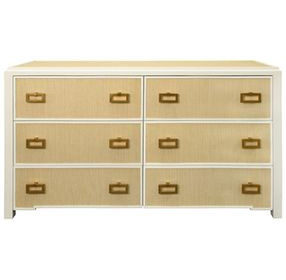 Atticus Matte White Lacquer Frame and Natural Grasscloth 6 Drawer Dresser