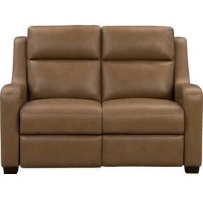 Ayden Hillwood Toffee Leather 60" Power Reclining Loveseat with Power Lumbar and USB Charging