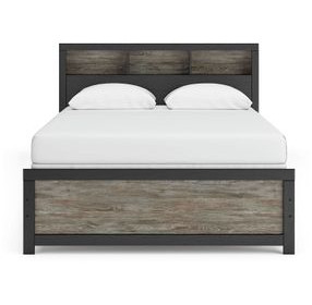 Ryderton Matte Black and Warm Gray Queen Bookcase Storage Panel Bed with LED