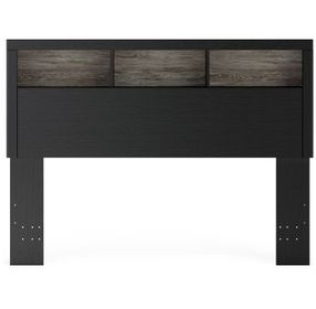 Ryderton Warm Gray and Matte Black Queen Bookcase Headboard with LED