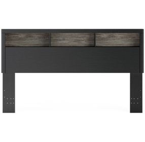 Ryderton Warm Gray and Matte Black King Bookcase Headboard with LED