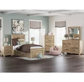 Fenderport Tan Youth Panel Bedroom Set with Storage Footboard and 2 Side Drawer