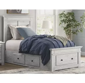 Fenderport Whitewash Twin Panel Bed with Storage Footboard and 4 Side Drawer
