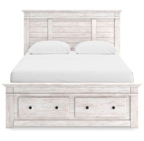 Allihauser Whitewash King Panel Bed with Storage Footboard and 4 Side Drawer