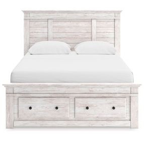Allihauser Whitewash King Panel Bed with Storage Footboard and 2 Side Drawer