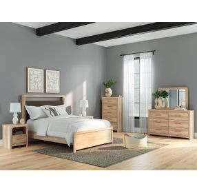 Prandefort Tan and Brown Upholstered Platform Bedroom Set with LED