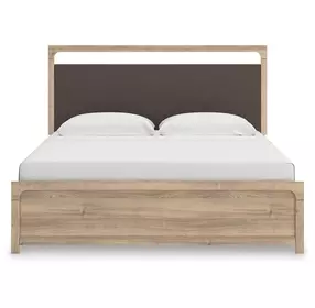 Hollymount Tan and Brown King Upholstered Panel Bed with LED