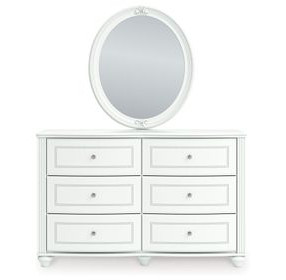 Trindura White 6 Drawer Dresser and Round Mirror