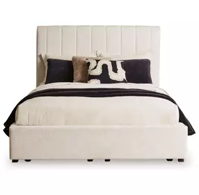 Shoralli Beige Queen Upholstered Storage Panel Bed