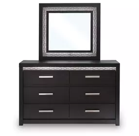 Shoralli Black 6 Drawer Dresser with LED and Rectangular Mirror
