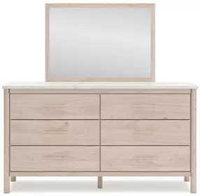 Cadmori Champagne and White 6 Drawer Marble Top Dresser and Rectangular Mirror