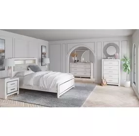 Altyra White and Gray Upholstered Bookcase Panel Bedroom Set with LED