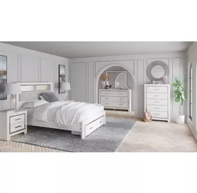 Altyra White and Gray Upholstered Bookcase Storage Bedroom Set with LED