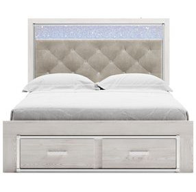 Altyra White and Gray Queen Upholstered Storage Panel Bed with LED