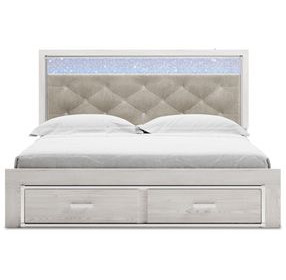 Altyra White and Gray King Upholstered Storage Panel Bed with LED