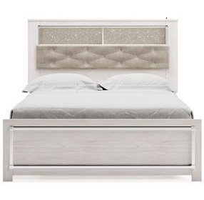 Altyra White and Gray Queen Upholstered Bookcase Panel Bed with LED