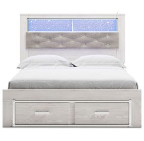 Altyra White and Gray Queen Upholstered Bookcase Storage Bed with LED