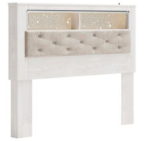 Altyra White and Gray Queen Upholstered Panel Bookcase Headboard with LED
