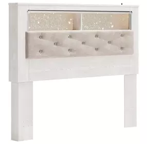 Altyra White and Gray Queen Upholstered Panel Bookcase Headboard with LED