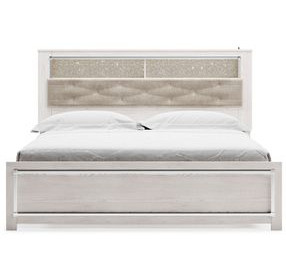 Altyra White and Gray King Upholstered Bookcase Panel Bed with LED